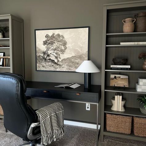 Cromwell Grey Benjamin Moore, Cromwell Gray, Modern Traditional Home Office, Moody Office Paint Colors, Dark Gray Office, Home Office Dark, Moody Office, Office Guest Bedroom, Office Paint Colors