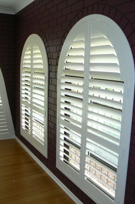 Arch Window Covering Ideas, Window Shutters Decor, Dining Room Turned Office, Tall Window Treatments, Window Shutters Indoor, Arched Window Coverings, American Shutters, Shutters Indoor, Arched Window Treatments