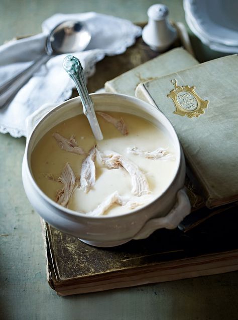 This chicken soup recipe – as featured in Pride and Prejudice – is rich in flavour but beautiful in its understatement. Pride And Prejudice Recipes, Pride And Prejudice Food, Thai Food Photography, White Soup, Leftover Chicken Recipes, Themed Dinner, Delicious Magazine, Small Food Processor, Boiled Potatoes