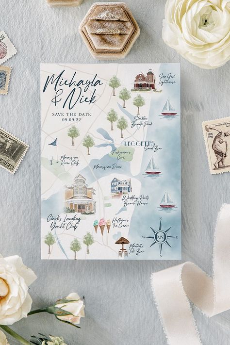 Watercolor Save the Date Map of Clarks Landing Yacht Club, Point Pleasant Beach New Jersey, Dusty Blue, Blush Pink Wedding Map Illustration, Watercolor Wedding Map, Map Illustrations, Map Invitation, Map Wedding Invitation, Stationary Ideas, Custom Wedding Map, Map Illustration, Summer Wedding Invitations