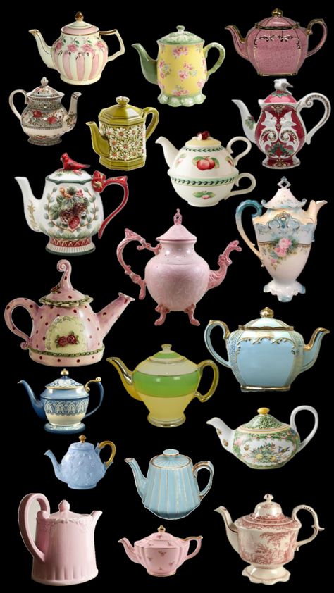 #vintage teapots Tea Pot Collection, Cool Teapots, Cute Teapot Aesthetic, Cafe Bookshop, Vintage Teapot Aesthetic, Shabby Chic Teapots, Teapot Shapes, Old Tea Pots, Mrs Potts Teapot