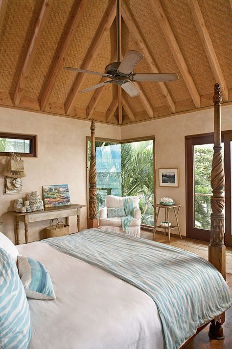 Hawaii Homestead, Caribbean Bedroom, Tropical Bedroom Decor, Sea Bed, Maui Island, Bamboo Ceiling, Big Energy, Exposed Rafters, Island Bedroom