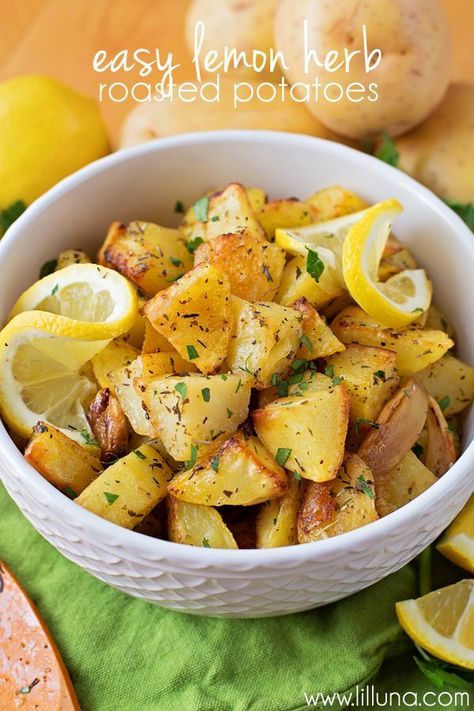 Easy Lemon Herb Roasted Potatoes. #HealthyEating #CleanEating #ShermanFinancialGroup Taziki Potatoes, Taziki's Potatoes, Herb Potatoes, Thanksgiving Side Dishes Easy, Herb Roasted Potatoes, Roasted Potato Recipes, Potato Recipes Side Dishes, Lemon Herb, Thanksgiving Side