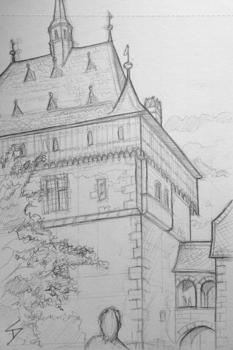 View Sketch Nature, Castle Wall Drawing, Drawing View Nature, Castle Sketch Simple, Old Castle Drawing, Castle Drawing Sketches, Castles Drawing, Draw Castle, Karlstejn Castle