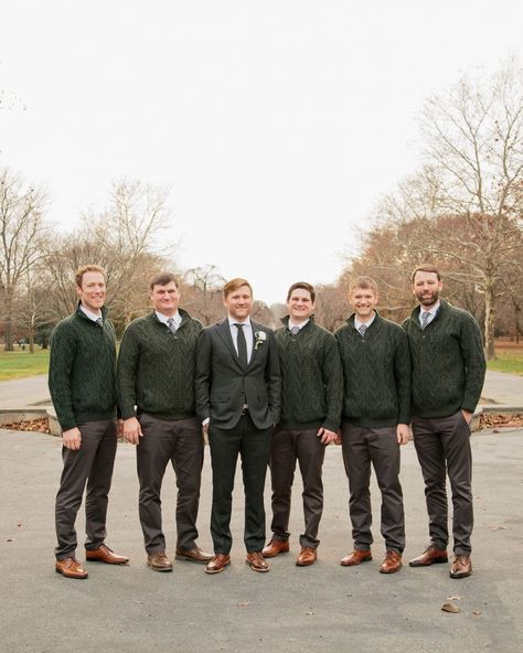 groom groomsman hunter green irish attire Groomsmen Sweater Attire, Sweater Groomsmen, Casual Groom Attire Winter, Mens Winter Wedding Attire, Groomsmen Winter Attire, Winter Wedding Groomsmen Attire, Groomsmen Attire Winter, Winter Groomsmen Attire, Groomsmen Sweaters