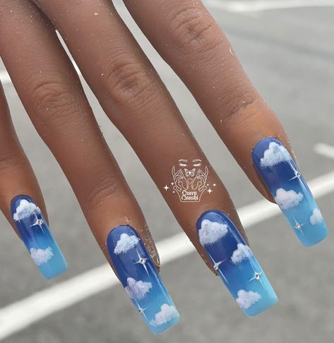 Clouds On Nails Diy, Cloud Ombre Nails, Sky Nails Acrylic, Clouds On Nails, Sky Nails Design, Purple Cloud Nails, Pretty Blue Nails Acrylic, Cloud Nails Acrylic, Airplane Nails