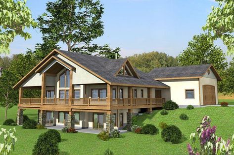 Log Style House Plan - 2 Beds 2 Baths 3108 Sq/Ft Plan #117-127 - Houseplans.com Shingle Exterior, Den Office, Library Study, Ranch Style House Plans, Mountain House Plans, Lake House Plans, Walkout Basement, Office Library, Belek