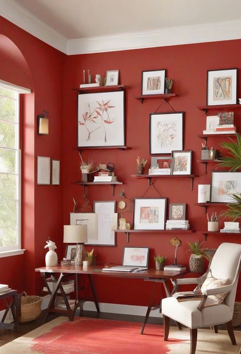 Interior decorating, home renovation, home design ideas, room decor, interior color schemes Dark Red Office, Red Office Decor Ideas, Red Office Interior Design, Red Wall Office Interior Design, Small Den, Red Office, Office Paint, Sage Green, Color Trends