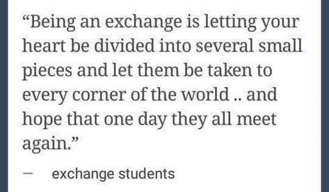 Being an exchange is letting your heart be divided into several small pieces & let them be taken to every corner of the world & hope that 1 day they all meet again Exchange Student Quotes Goodbye, Exchange Student Quotes, Leaving Quotes, Student Exchange, Programming Quote, New Adventure Quotes, Foreign Exchange Student, Goodbye Quotes, Senior Quotes