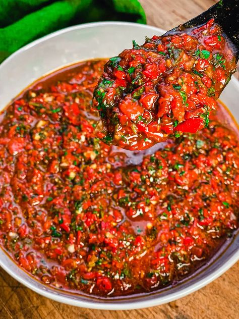 Red Pepper Chimichurri Sauce, Red Pesto Dishes, Red Chimichurri Sauce Argentina, Red Chimichurri Sauce, Red Chimichurri, Recipes By Ingredients, Sauce Au Poivre, Chimichurri Recipe, How To Make Red