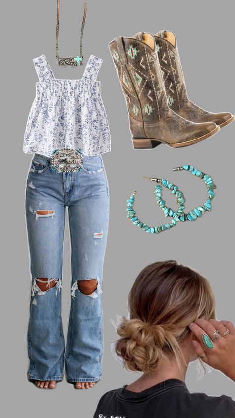 Western style Outfits Aesthetic Country, Country Concert Outfit Ideas October, Fashionable Western Outfits, Outfit Ideas For A Country Concert, Western Outfits Women For School, Simple Country Outfits Summer, Western Simple Outfits, Country First Day Of School Outfits, First Day Of School Outfit Western