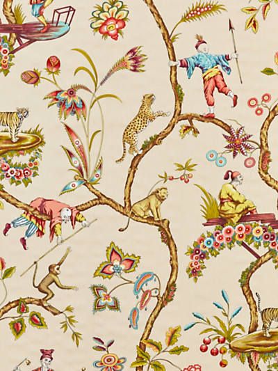 Based on an early 18th century French document, Chinoise Exotique is a grand design showcasing various interactions between Chinese figures, tropical botanicals, and exotic animals such as tigers, lions, cheetahs, and monkeys. This pattern is a classic e Chinoiserie Patterns, Exotic Animals, Fibres Textiles, Cheetahs, Traditional Fabric, Grand Designs, Wallpaper Size, Cole And Son, Drapery Fabric