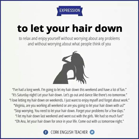 Let your hair down - Repinned by Chesapeake College Adult Ed. We offer free classes on the Eastern Shore of MD to help you earn your GED - H.S. Diploma or Learn English (ESL) . For GED classes contact Danielle Thomas 410-829-6043 dthomas@chesapeke.edu For ESL classes contact Karen Luceti - 410-443-1163 Kluceti@chesapeake.edu . www.chesapeake.edu Financial Background, Slang English, Study English, Free Classes, English Phrases Idioms, Idioms And Phrases, Uncommon Words, Conversational English, Phrasal Verbs