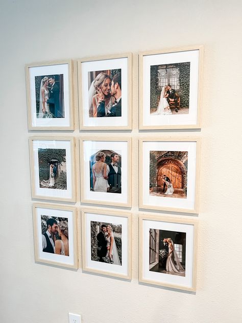 Family Wall Frames Ideas, Symmetrical Picture Wall, Home Decor Portraits, Wedding Photos Gallery Wall, Wedding Photo Wall Display Living Rooms, Wedding Photos On Wall, 8x8 Photo Wall, Wall Portrait Ideas, Display Wedding Photos At Home