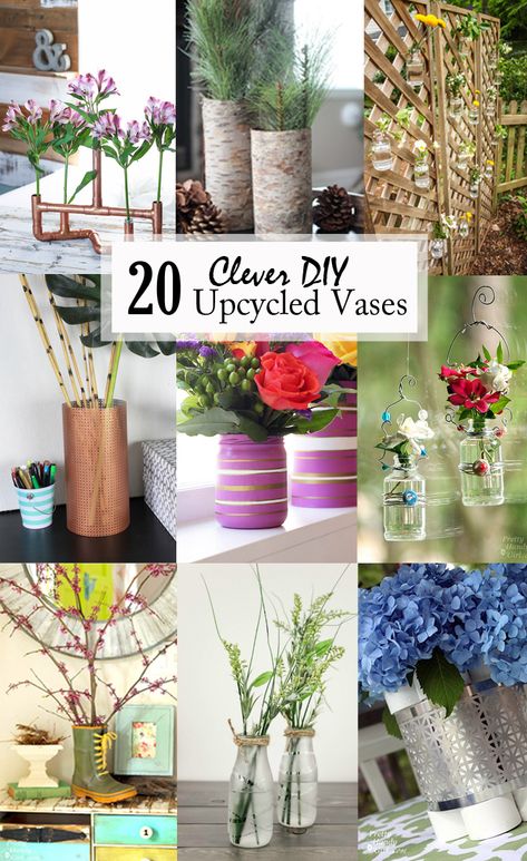 20 Clever DIY Upcycled Vases - These 20 clever upcycled vases show just a few creative ways you can make a vase from items you already own or that can be found at a low price. There are many options, and I hope these ideas inspire you to think outside the box. via @prettyhandygirl Vase Upcycle, Mini Clay Pot Crafts, Upcycling Crafts, Quirky Vases, Diy Container, Modern Farmhouse Ideas, Frugal Wedding, Inflammatory Recipes, Old Glass Bottles