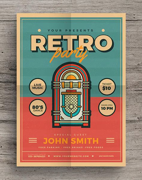 Retro Design Poster, Retro Style Posters, Yearbook Covers, Yearbook Themes, Retro Graphic Design, Party Flyer Template, Desain Editorial, 광고 디자인, Vintage Poster Design