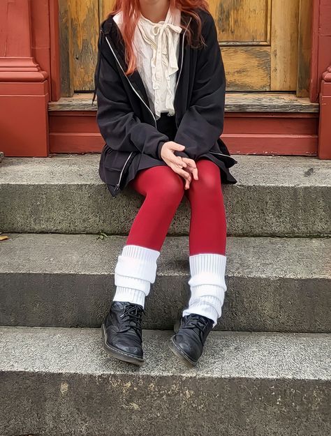 Red Leggings Outfit Aesthetic, Styling Tights In Winter, Red Leg Warmers Outfit, Colored Tights Outfit Autumn, How To Style Red Tights, Leg Warmers With Tights, Outfits With Red Mary Janes, Red Tights Outfit Aesthetic, Colored Tights Outfit Aesthetic