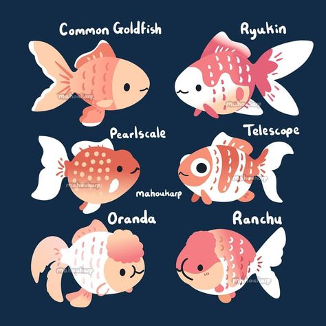 Norin N. on Instagram: “Some different types of goldfish 🐟” Types Of Goldfish, Kawaii Fish, Goldfish Art, Desain Buklet, Draw Animals, Cartoon Fish, Fish Drawings, Cute Fish, Cute Animal Drawings Kawaii