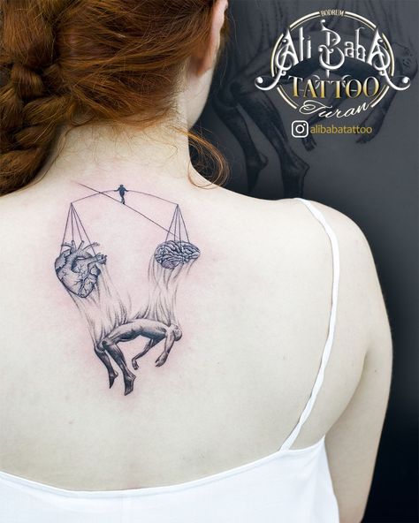 Libra Scale Tattoo Heart And Brain, Libra Tattoo Heart And Brain, Life Balance Tattoo, Balance Tattoo Men, Acrobat Tattoo, Balance Heart And Brain Tattoo, Heart And Brain Scale Tattoo, Falling Man Tattoo, Brain And Heart Tattoo