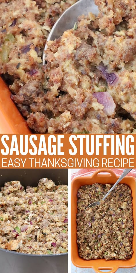 sausage stuffing in a casserole dish with a serving spoon and uncooked in a large pot Stuffing With Sausage Recipes, Sausage Stuffing Casserole, Stuff A Turkey, Thanksgiving Sausage, Simple Thanksgiving Recipes, Sausage Stuffing Thanksgiving, Quick Thanksgiving Recipes, Thanksgiving Recipes Easy, Stuffing Turkey