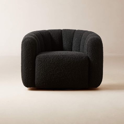 Fitz Channeled Black Boucle Swivel Chair + Reviews | CB2 Saddle Leather Chair, Boucle Swivel Chair, Velvet Swivel Chair, Black Accent Chair, Velvet Lounge Chair, Accent Chair Set, Swivel Accent Chair, Black Chair, Modern Accent Chair