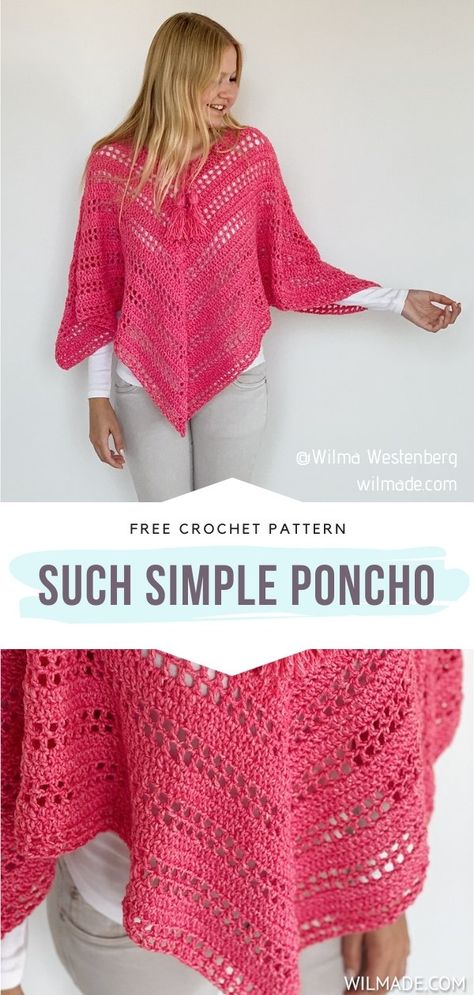 Fabulous Ponchos in Pink with Free Crochet Patterns Crochet Womens Poncho Free Pattern, Lace Poncho Crochet Pattern, Free Crochet Poncho Patterns Woman, Wilma Westenberg, Crochet Poncho Patterns Easy, Crochet Shrugs, Cardigans Crochet, Pink Poncho, Infinity Scarfs