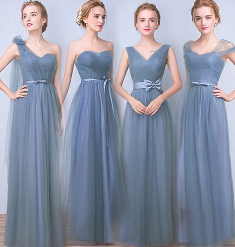 Dress Brokat Modern Bridesmaid, Grey Blue Bridesmaid Dresses, Brokat Modern, Dress Brokat Modern, Net Gowns, Modern Bridesmaid, Gowns Elegant, Dusty Rose Bridesmaid Dresses, Satin Belt