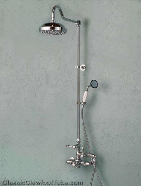 Exposed Wall Mount Thermostatic Shower w/ Rain Shower Head & Handheld Shower | Classic Clawfoot Tub Exposed Shower Plumbing, Shower Marble, Clawfoot Tub Shower, Shower Plumbing, Shower Fixtures, Bath Tiles, Shower Faucet Sets, Clawfoot Tub, Rainfall Shower