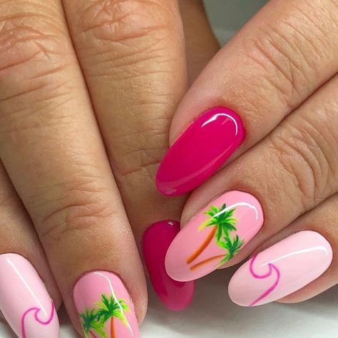 Abby Johnson on Instagram: "palm trees and waves for her trip to Mexico 💕🌴 . swipe for inspo 👉🏼 . #handpaintednailart #nailart #gelnails #gelmanicure #gelpolish #nailpro #nailitdaily #nailswag #nailstagram #nailpromote #pinknails #palmtreenails #brightnails #vacationnails #beachnails #funnails #trendynails #utahnails #utahcountynails" Summer Nails Designs, Tropical Vacation Nails, Palm Tree Nails, Beachy Nails, Boho Nails, Summer Nail Designs, Nude Nail Designs, Blue Nail Designs, Nail Idea