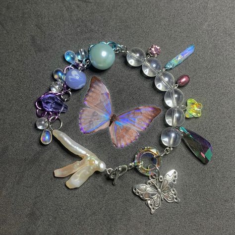 *ੈ✩‧₊• ‘morpho aurora’ blue / white / purple... - Depop Downtown Mtv, Aesthetic Bracelets, Aesthetic Bracelet, Jewelry Keychain, Diy Necklaces, Indie Jewelry, Blue Morpho, Charm Chain, White Butterfly