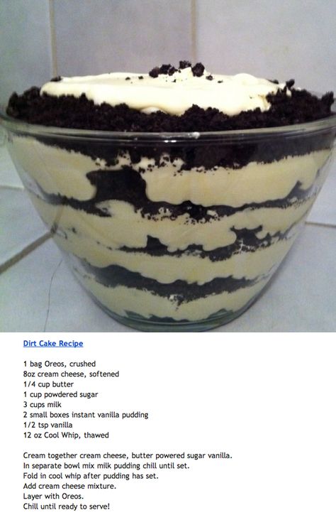 Dirt Cake with #Oreos. 1/2 stick butter.. 1/2 pow. Sugar... 3 1/2 cup milk Cake With Oreos, Dirt Cake Recipes, Dirt Pudding, Oreo Dirt, Oreo Desserts, Dirt Cake, Stick Butter, Trifle Desserts, Oreo Recipes