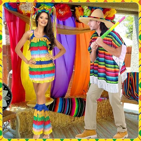 Mexican Fiesta Dress Costume for Halloween Couple Cosplay Cinco De Mayo Party Dress up (M Size) 
#AD Pinata Costume Couple, Fiesta Theme Party Outfit, Piñata Costume, Pinata Costume, Fiesta Costume, Mexican Fiesta Dresses, Halloween Couple Costume, Couple Cosplay, Fiesta Dress