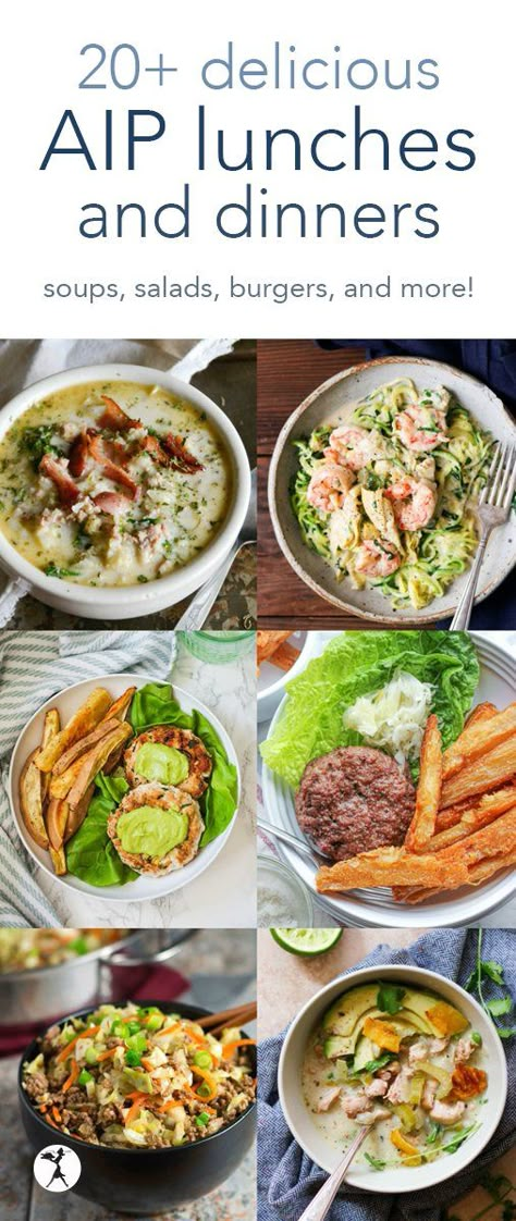 Delicious AIP Lunches & DInners :: soup, salad, burgers & more! Aip Lunch Ideas On The Go, Aip Meal Prep Recipes, Aip Lunches On The Go, Aip Diet Dinner, Aip Chicken Recipes Autoimmune Paleo, Autoimmune Lunch Ideas, Aip Salads Autoimmune Paleo, Api Diet Recipes, Auto Immune Protocol Recipes