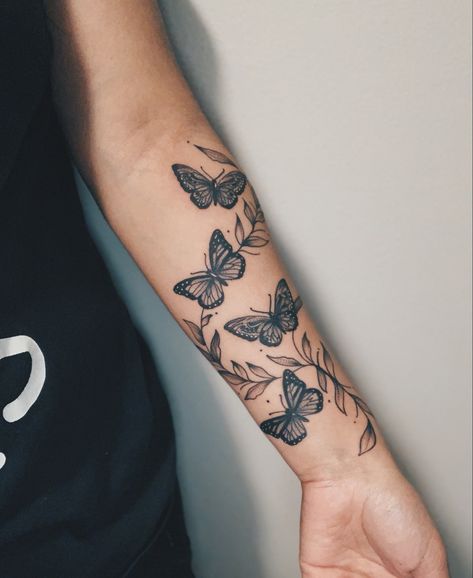 Forearm Tattoo Women Butterfly And Flowers, Butterfly Up Arm Tattoo, Wrap Around Wrist Tattoos Butterfly, Butterfly Tattoo Lower Arm, Butterfly Vines Tattoo, Wrap Around Tattoo With Butterflies, Butterfly With Vines Tattoo, Forearm Tattoo Women Butterflies, Sleeve Add Ons Tattoo