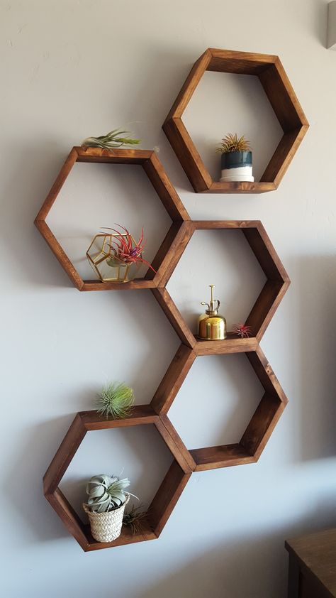 Honey Comb Wall Shelf, Honeycomb Shelves Vertical, Honeycomb Shelves Bedroom, Bee Hive Shelves, Honey Room Aesthetic, Honeycomb Shelves Nursery, Hive Shelves, Minwax Honey Stain, Honeycomb Bookshelf