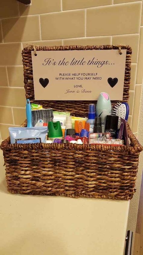 Bathroom Basket Wedding, Bathroom Basket, Wedding Bathroom, Bathroom Baskets, Wedding Favors Cheap, Future Wedding Plans, Diy Wedding Favors, In Bathroom, Cute Wedding Ideas