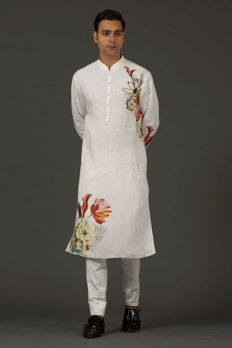 Shop for these amazing collections of White Linen Printed Floral Kurta Set For Men by Rohit Bal online at Aza Fashions. Wedding Dress For Boys, Kurta Designs Men's, Agbada Design, Fabric Paint Shirt, Cotton Churidar, Gents Kurta Design, Gents Kurta, Kurta Patterns, Kurta Set For Men