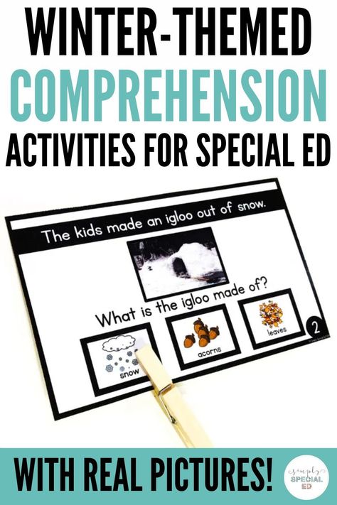 Do you need some winter activities for your special education students? Today, I’m sharing one of my favorite activities, winter comprehension cards with real pictures. This winter comprehension activity is perfect to practice IEP goals. I have created these differentiated special education comprehension cards with themes. Students can easily practice these during independent centers. Learn more today! Christmas Activities For Special Education, Winter Comprehension, Iep At A Glance, Iep Data Collection, Fine Motor Centers, Special Education Lesson Plans, Data Collection Sheets, Reading Comprehension Lessons, Self Contained Classroom