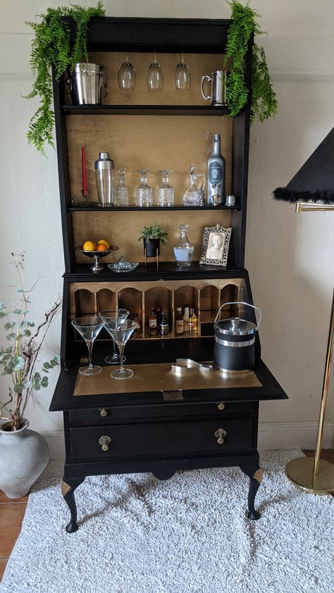 secretary desk/refurbished bureau bookcase/drinks cabinet black and gold #secretarydesk #writingbureau paintedfurniture #vintagefurniture #edwardianaesthetic #blackandgold #bookcase #furnitureflip #homebar #vintagefurniture Bureau Drinks Cabinet, Antique Drinks Cabinet, Secretary Desk Coffee Bar, Bureau Desk Upcycle, Secretary Desk Makeover Ideas, Drinks Cabinet Ideas, Black Gold Furniture, Bureau Upcycle, Spooky Bar