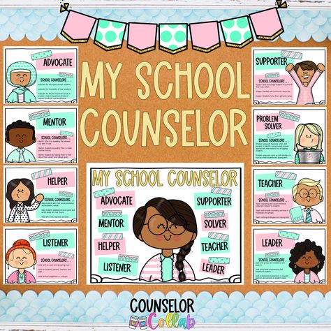 School Counselor Monthly Newsletter, School Counselor Interactive Bulletin Board, Guidance Counseling Room Decoration, Guidance Office Decor Ideas, School Counseling Bulletin Boards Elementary, Counselor Board Ideas, Welcome Back To School Bulletin Boards Counselor, School Counselor Newsletter Elementary, Back To School Counselor Bulletin Boards