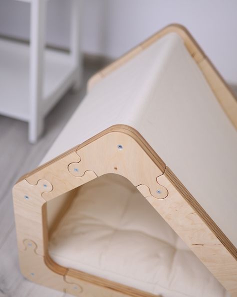 Modern dog house from birch plywood with fabric roof and soft cotton cushion 🔎 Roof and sides are made of thick cotton. Fabric cover is securely fixed in the lower side, so it doesn’t slip and fit tightly all the time. You can change it and wash if needed 👌🏻 This house is an excellent lounge bed and sleeping place for your dog. At the same time it perfectly fits in and will complement the interior of modern housing. For more details DM us 🫶🏻 Modern Dog Bed, Modern Dog Houses, Dog Bed Modern, Lounge Bed, Pet House, Modern Dog, Flat Pack, Animal House, Dog House