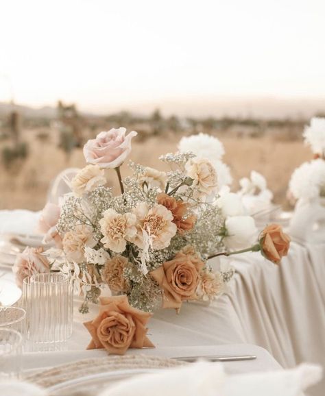 Modern Neutral Wedding Flowers, Ballgown Wedding Dress With Bouquet, Neutral Simple Wedding Decor, Neutral October Wedding, Taupe Centerpiece Wedding, Neutral Backyard Wedding, Neutral Flower Arrangements Centerpieces, Blush Neutral Wedding, Muted Tones Wedding