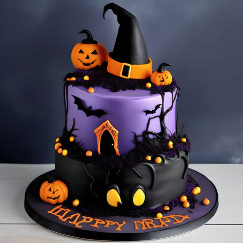 Halloween Themed Birthday Cake, Purple Halloween Cake, Halloween Birthday Cakes For Kids, Halloween Tårta, Halloween Themed Cakes, Torte Halloween, Halloween Witch Cake, Halloween Cake Ideas, Cute Halloween Cakes