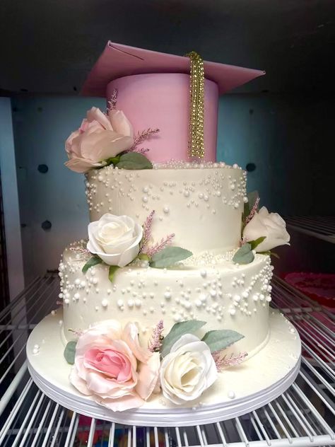 Graduation Cakes For Ladies, Graduation Cake Two Tier, 3 Tier Graduation Cake Ideas, Pink And Gold Graduation Cake, Pink And White Graduation Cake, Graduation Cakes Pink, Pink Graduation Cakes, 3 Tier Graduation Cake, Pink Grad Cake