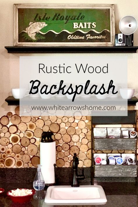 Easy Rustic Backsplash with Wood Slices - #blog #decorating #diy Rustic Backsplash, Beautiful Backsplash, Lake Homes, Wood Backsplash, Vintage Thermos, Camp Style, Wet Bars, Hot Chocolate Bars, Log Cabin Homes