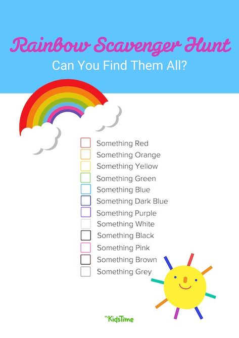 Rainbow Scavenger Hunt, Indoor Ideas, World Thinking Day, Holiday Club, Scavenger Hunt For Kids, Teaching Colors, Short People, Indoor Fun, Rainbow Party