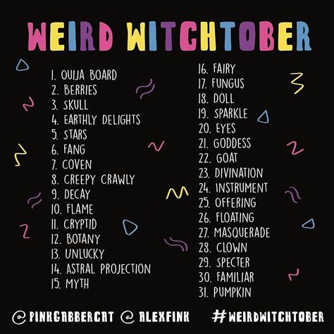 Alex Fink on Instagram: “Hi everyone! @pinkgabbercat and I have put together this fun and witchy prompt list! Feel free to join us throughout October with…” 30 Day Art Challenge, Art Journal Challenge, 30 Day Drawing Challenge, Prompt List, October Art, Photo A Day Challenge, Art Style Challenge, Drawing Ideas List, Art Advice