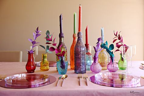 Fun and Festive Purim Table Inspiration - Between Carpools Purim Tablescapes, Purim Decorations, Purim Party, Colored Glass Bottles, Starting From The Bottom, Table Inspiration, Blush And Gold, Purim, Do You Remember