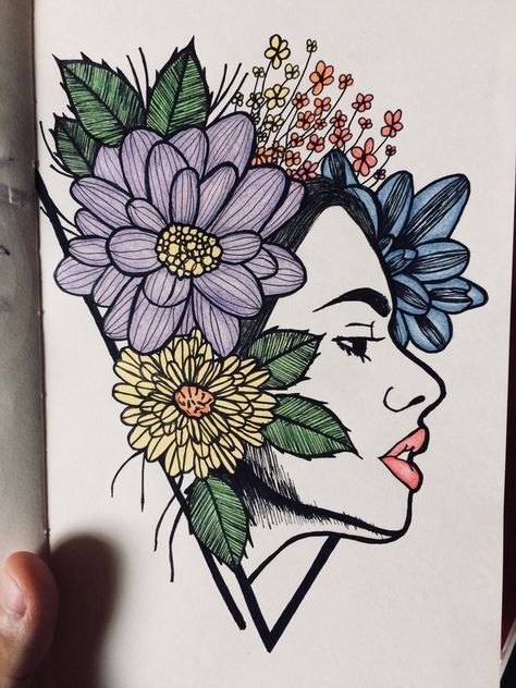 Woman With Flowers, Doodle Art Journals, Doodle Art Drawing, Art Sketches Pencil, Sketchbook Art Journal, Doodle Art Designs, Pencil Art Drawings, Mandala Design Art, Art Drawings Sketches Creative