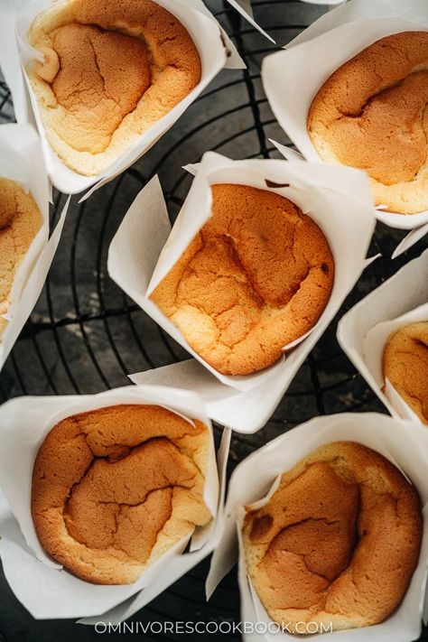 Super fluffy and light in texture, Chinese egg cake is a traditional dessert in a perfectly portable muffin size that makes a delightful way to start your day! The recipe uses only eight ingredients and they are all natural. The sugar level is super low yet they taste delightful, so you can eat them for breakfast or any time of day without guilt. Cha Recipe, Asian Baking, Chinese Cake, Chinese Egg, Egg Cake, Chinese Dessert, Easy Chinese Recipes, Cake Mixture, Sugar Level